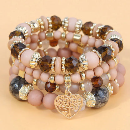 4 Pieces Stretch Beaded Bracelets Set For Women Heart Pendant Adjustable Colorful Charms New Fashion Jewelry Glass Stones C1338