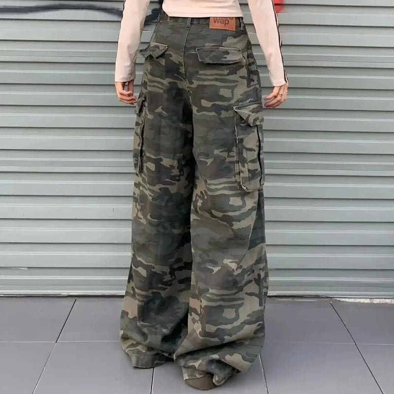 Women Y2K Camouflage Cargo Jeans Vintage High Waist Hip Hop Wide Leg Pants Female Street Wear Baggy Straight Denim Trouser - Premium Kiosk