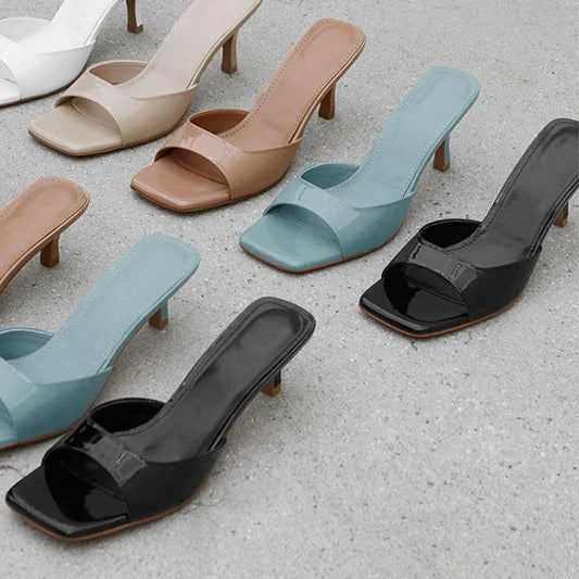 2024 Summer Slippers for Women Simple Mules Solid Color Women' Square Toe Stiletto Shoes Comfort Breathable Shallow High Heels - Premium Kiosk