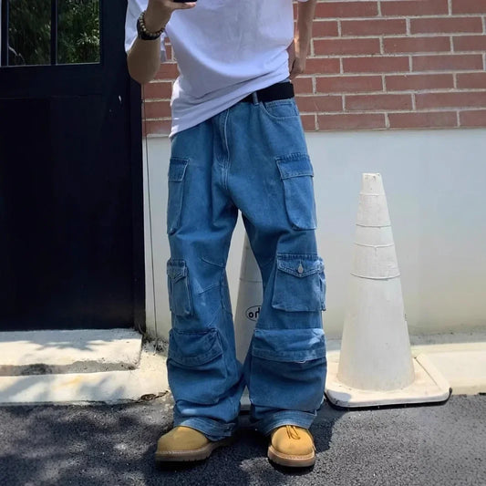 Men's Cargo Jeans Spring New Fashion Hip Hop Streetwear Multi Pocket Loose Blue Wide Legs Denim Pants Personalized Y2K Trousers