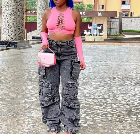 American Vintage Trendy Streetwear Women's Fashion Jeans Flip Up Multi Pocket Jeans Cargo Pants High Waist Washed Hiphop Jeans - Premium Kiosk