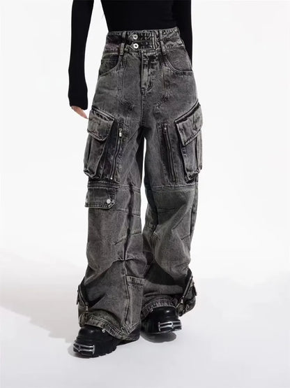 2025 Cyber Y2K Streetwear Washed Grey Baggy Cargo Jeans Pants For Men 90S Vintage Clothes Wide Leg Zipper Gothic Denim Trousers - Premium Kiosk