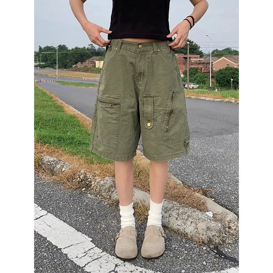 ZHIZOU Women Cargo Short Jeans American Vintage Y2K Straight Streetwear Wide Leg Pants High Waist Summer Knee Length Denim Short - Premium Kiosk