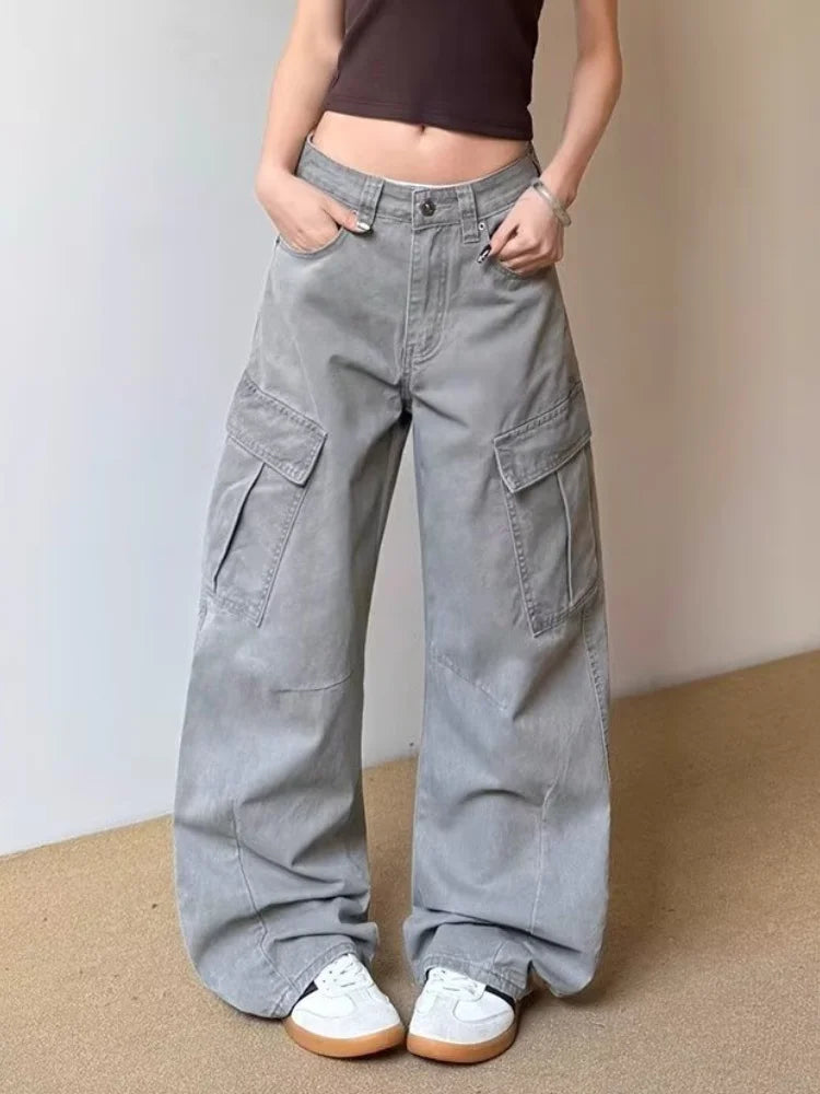 2025 Ropa Y2K Fashion Vintage Grey Baggy Cargo Jeans Pants For Women Clothing Wide Leg Kpop Casual Lady Trousers Pantalon Femme - Premium Kiosk