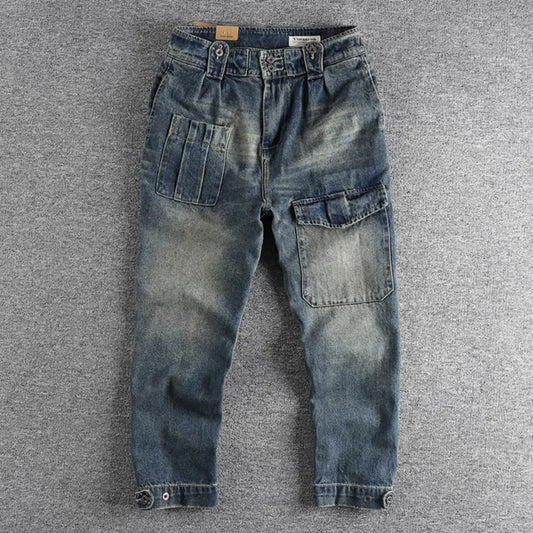Vintage-inspired Blue Washed Cargo Jeans for Men with Wide Legs - Premium Kiosk