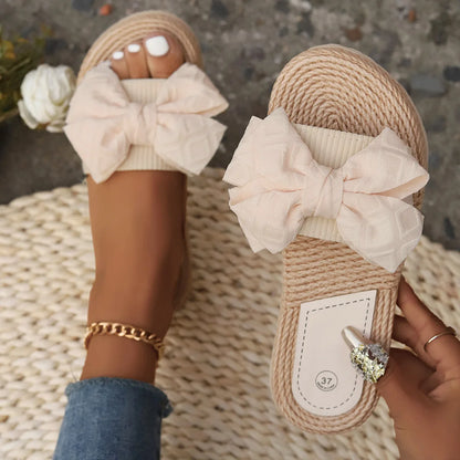 Women Slippers Fashion Trend Bow Anti Slip Sandals Wear-resistant Comfortable Soft Sole Flat Heel Slippers Home Slides Women - Premium Kiosk