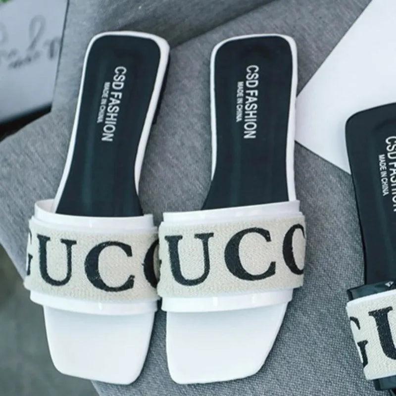 Women's slippers 2025 summer retro letters ladies open toe daily casual comfortable outdoor beach vacation flip flops plus size - Premium Kiosk
