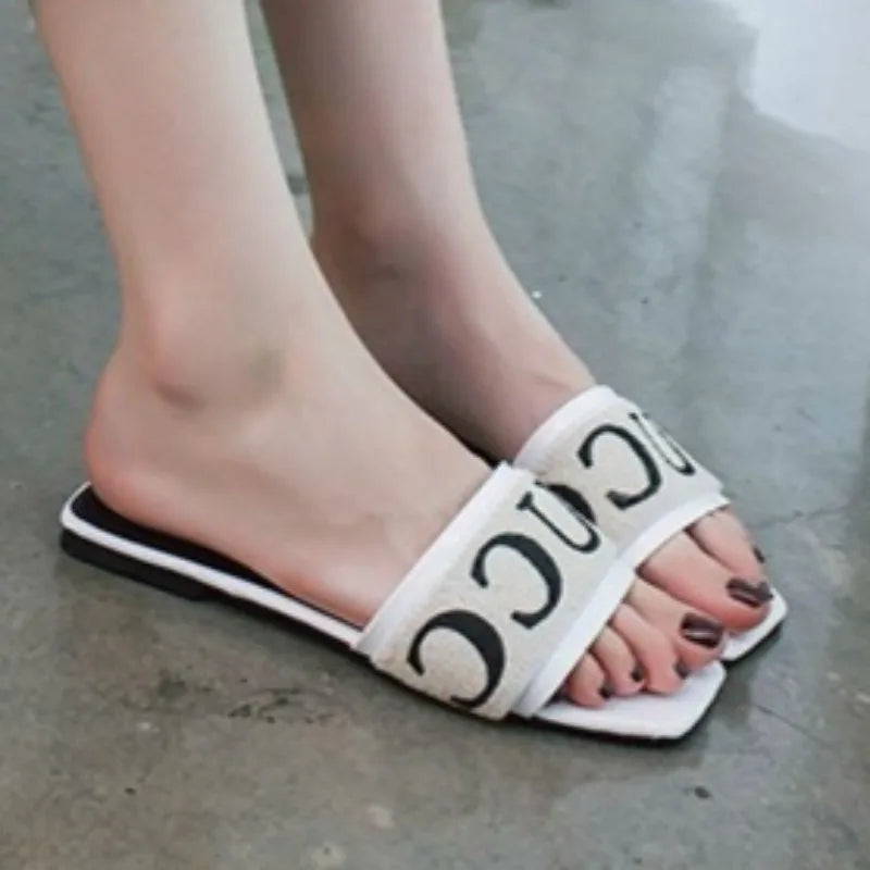 Women's slippers 2025 summer retro letters ladies open toe daily casual comfortable outdoor beach vacation flip flops plus size - Premium Kiosk