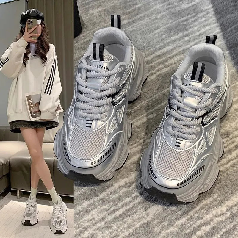2025 Women's Dad Shoes Spring Summer New Thick Bottom Anti-slip Heightening Mesh Breathable Versatile Lightweight Sports Casual