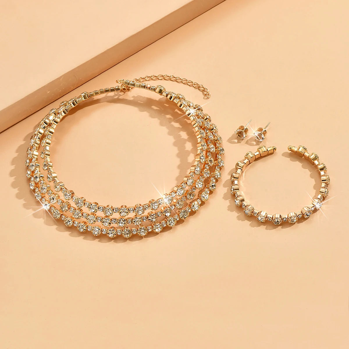 4-piece women's jewelry set with rhinestones, multi-layer collars, earrings, bracelets, wedding party accessories