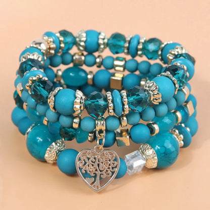 4 Pieces Stretch Beaded Bracelets Set For Women Heart Pendant Adjustable Colorful Charms New Fashion Jewelry Glass Stones C1338