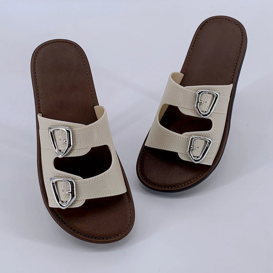 2025 New Slippers for Women Summer Outerwear Fashionable French Flat Soft Sole Anti-Slip Beach Belt Buckle Sandals - Premium Kiosk