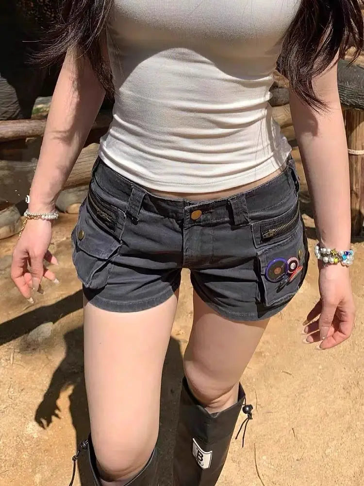 Women's Grey Cargo Jeans Shorts Pocket Y2K Japanese Harajuku High Street 2000S Style Aesthetic Sexy Retro Denim Shorts Clothing