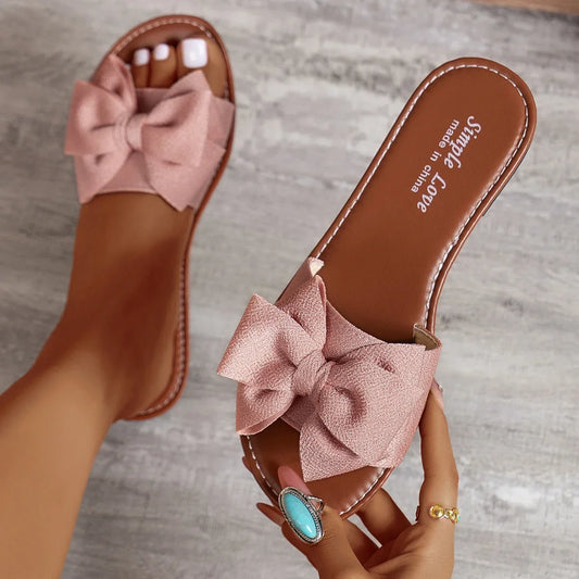 Women Slippers 2025 New Fashion Sandals Slides Women Summer Bow Keep Warm Shoes Women Flat Plus Size Slippers Zapatos De Mujer