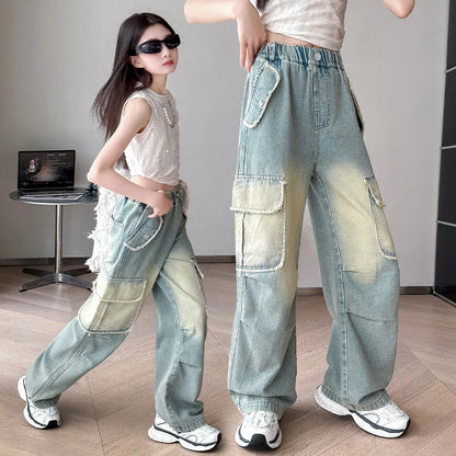 4-14 teen girls Jeans Summer Kids Cargo Pants Fashion casual versatile gradient Side Big Pocket Soft Thin denim wide leg pants - Premium Kiosk