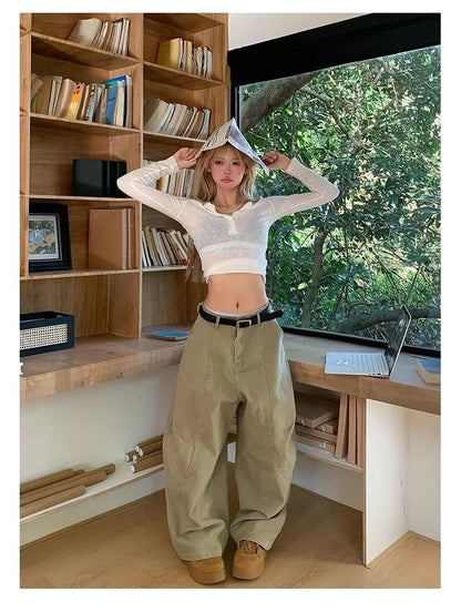 Women's Y2K Vintage Wash Cargo Jeans Harajuku Scimitar Wide Leg American Retro Denim Pants Baggy Trousers Gyaru Streetwear - Premium Kiosk
