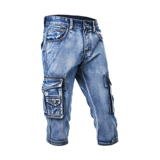 2025 New Vintage Men's Fashion Cargo Denim Shorts With Multi Pockets Slim Fit Military Jeans Shorts For Male Washed Capri pants - Premium Kiosk