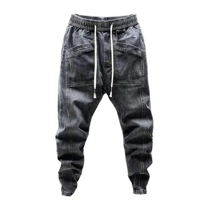 Elastic Waist Jeans Men's Elastic Drawstring Waist Denim Cargo Pants With Pockets Solid Color Harem Trousers For Spring Autumn - Premium Kiosk