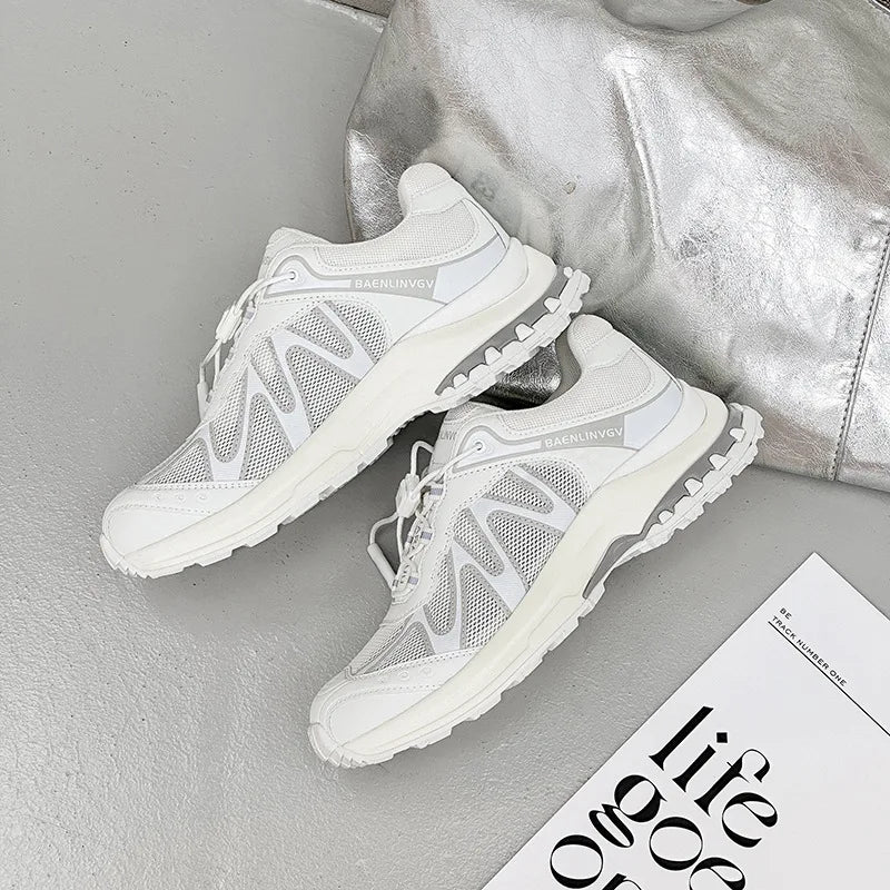 Women's Dad Shoes Thick Sole Heightening 2025 Spring Autumn Pure Color Adult Laced Comfortable Polyurethane Casual Sports Shoes