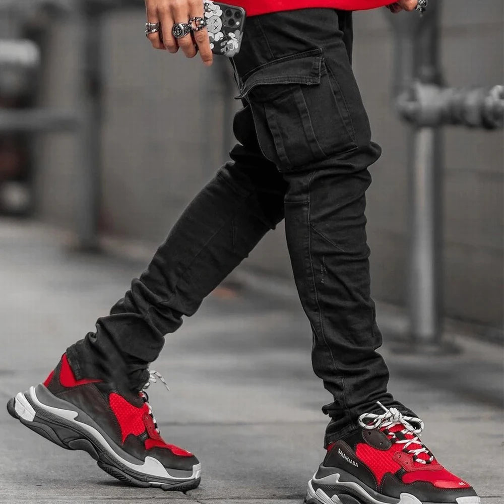 Street Elastic Jeans Men Denim Cargo Pants Wash Solid Color Multi Pockets Casual Mid Waist Trousers Slim Fit Daily Wear Joggers - Premium Kiosk