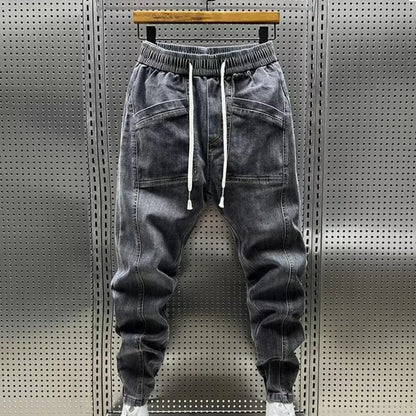 Elastic Waist Jeans Men's Elastic Drawstring Waist Denim Cargo Pants With Pockets Solid Color Harem Trousers For Spring Autumn - Premium Kiosk
