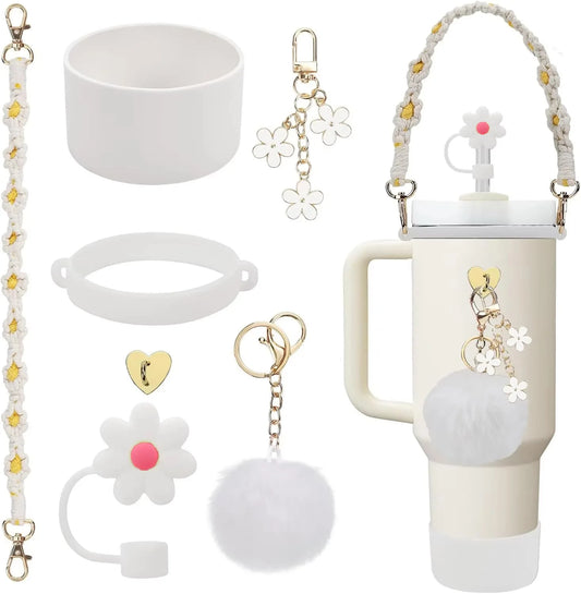 7/8pcs Cup Accessories Set for Stanley Cup Including Handle Strap Siliocne Cup Boot Straw Cover Charms for 40oz 30oz Tumbler