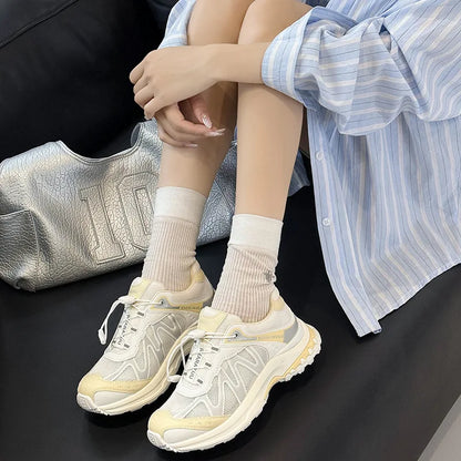 Women's Dad Shoes Thick Sole Heightening 2025 Spring Autumn Pure Color Adult Laced Comfortable Polyurethane Casual Sports Shoes