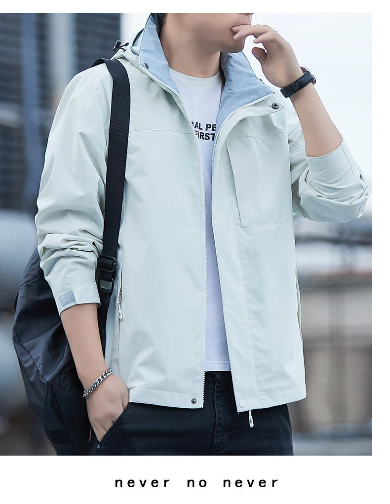 Jacket Men's 2025 Spring and Autumn Fashion Casual Waterproof Hooded Windbreaker Male Outdoor Camping Sports Solid Color Coat