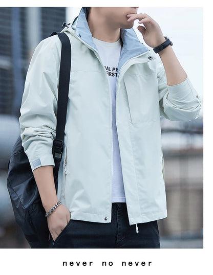 Jacket Men's 2025 Spring and Autumn Fashion Casual Waterproof Hooded Windbreaker Male Outdoor Camping Sports Solid Color Coat