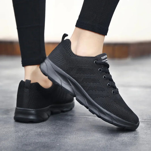 Women's Black Breathable Knitted Sneakers Casual Lace Up Outdoor Walking Shoes Comfortable Fashionable Versatile Tennis Shoes