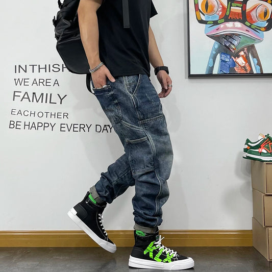 American Fashion Hip Hop Cargo Jeans Streetwear Skateboard Harem Trousers Men Clothing Japanese Harajuku Denim Casual Pants Male - Premium Kiosk