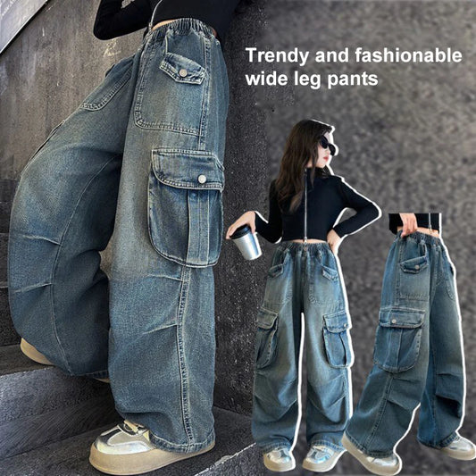 Autumn Winter New Ladies Cargo Jeans American Street Style Baggy Cargo Pants Women Blue Multi-pocket Wide Leg Jeans for Women - Premium Kiosk