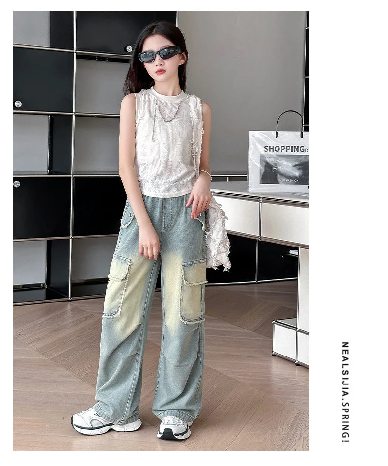 4-14 teen girls Jeans Summer Kids Cargo Pants Fashion casual versatile gradient Side Big Pocket Soft Thin denim wide leg pants - Premium Kiosk