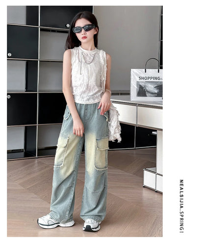 4-14 teen girls Jeans Summer Kids Cargo Pants Fashion casual versatile gradient Side Big Pocket Soft Thin denim wide leg pants - Premium Kiosk