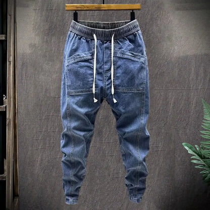 Elastic Waist Jeans Men's Elastic Drawstring Waist Denim Cargo Pants With Pockets Solid Color Harem Trousers For Spring Autumn - Premium Kiosk