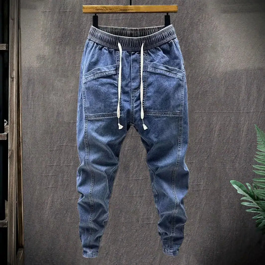 Elastic Waist Jeans Men's Elastic Drawstring Waist Denim Cargo Pants With Pockets Solid Color Harem Trousers For Spring Autumn - Premium Kiosk