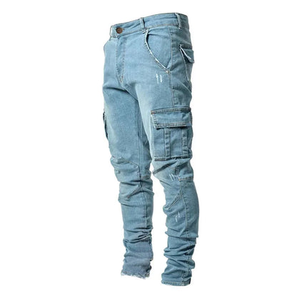 Fashion New Men's Denim Cargo Pants Multi-pockets Design Solid Slim Jeans Men Street Elastic Cowboy Trousers Daily Wear Joggers