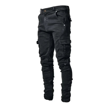 Fashion New Men's Denim Cargo Pants Multi-pockets Design Solid Slim Jeans Men Street Elastic Cowboy Trousers Daily Wear Joggers