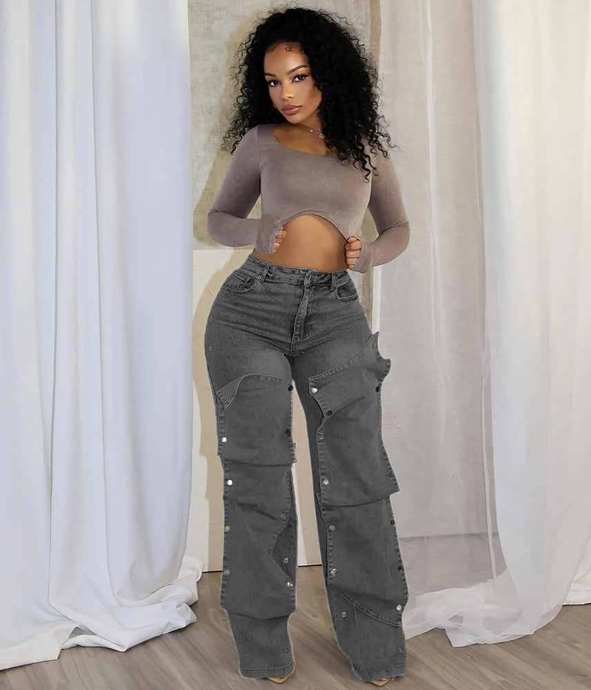 Women Streetwear Button Cutout Cargo Straight Denim Wide Leg Jeans Pants 2024 Elastic INS Fashion Party Cargo Trousers - Premium Kiosk