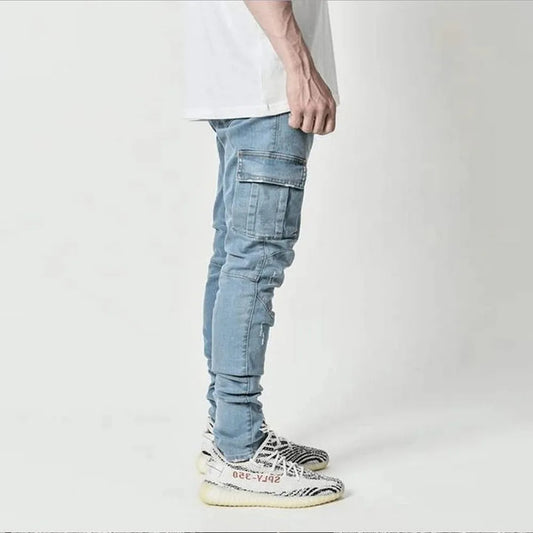 Street Elastic Jeans Men Denim Cargo Pants Wash Solid Color Multi Pockets Casual Mid Waist Trousers Slim Fit Daily Wear Joggers - Premium Kiosk