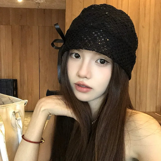 Women's Hat Hollow Bow Solid Color Simple Versatile Fashionable Personalized Pile Caps Girls Elastic Sweet Elegant Lace Y2k Hats