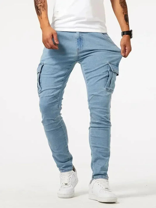2025 Street Elastic Jeans Men Denim Cargo Pants Wash Solid Color Multi Pockets Casual Mid Waist Trousers Slim Daily Wear Joggers - Premium Kiosk
