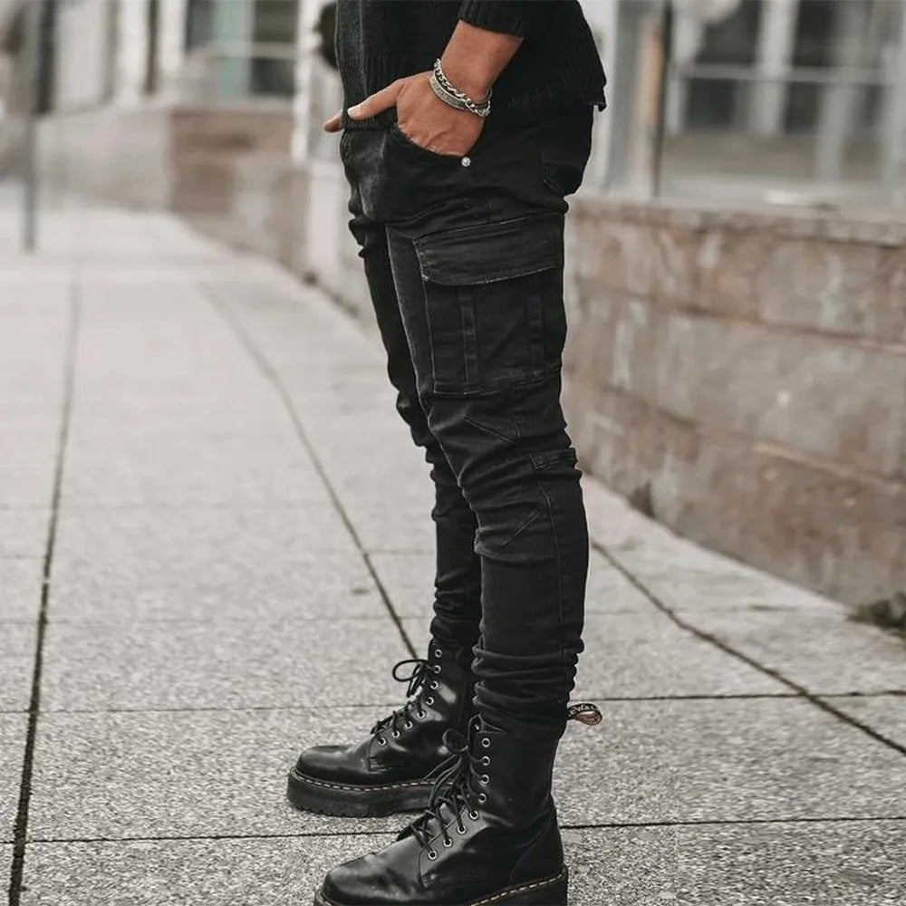 Street Elastic Jeans Men Denim Cargo Pants Wash Solid Color Multi Pockets Casual Mid Waist Trousers Slim Fit Daily Wear Joggers - Premium Kiosk