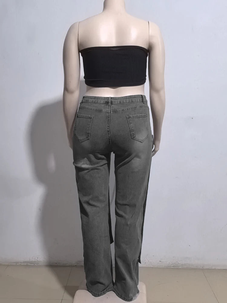 Women Streetwear Button Cutout Cargo Straight Denim Wide Leg Jeans Pants 2024 Elastic INS Fashion Party Cargo Trousers - Premium Kiosk