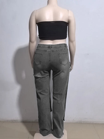 Women Streetwear Button Cutout Cargo Straight Denim Wide Leg Jeans Pants 2024 Elastic INS Fashion Party Cargo Trousers - Premium Kiosk