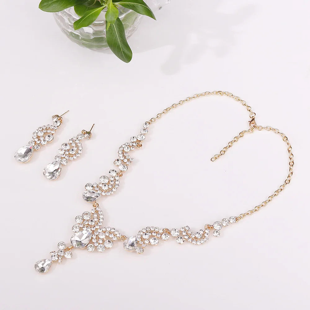3pcs/set Princess Crown Bridal Jewelry Sets for Girls Water Drop Green Blue Red Crystal Tiaras Necklace Earrings New Jewelry Set