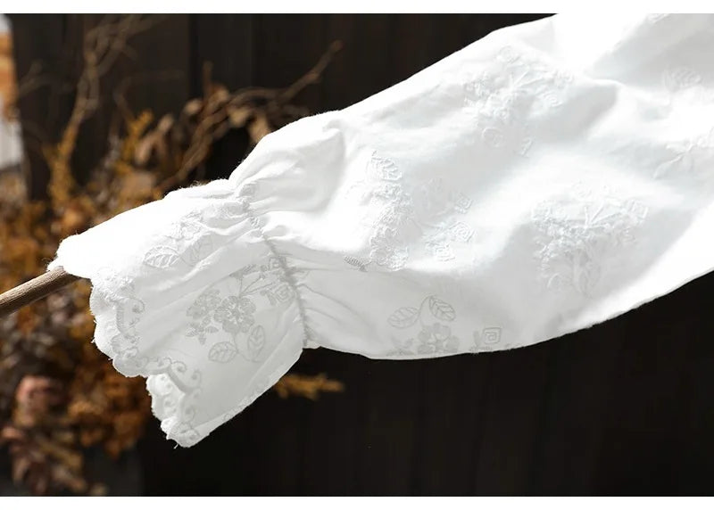 2025 Women's elegant blouse 100% cotton bohemian stand collar long sleeve white embroidery shirts female