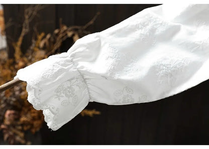 2025 Women's elegant blouse 100% cotton bohemian stand collar long sleeve white embroidery shirts female