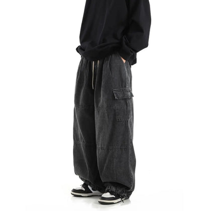 Y2k Black Baggy Cargo Jeans Trousers Men Streetwear Casual Hippie Jogging Wide leg Oversize Old Money Vintage Denim Pants - Premium Kiosk