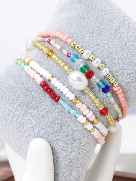 5PCS Bohemian Handmade Colorful Beaded Stackable Elastic Bracelet Surfing Vacation Jewelry